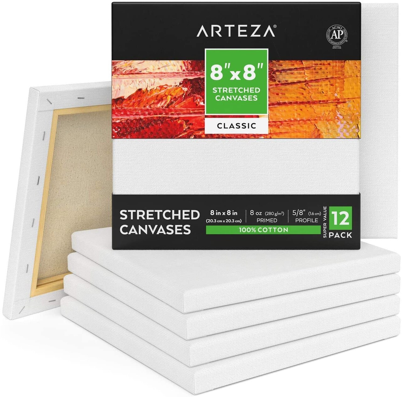Arteza Stretched Canvas, Classic, White, 8"x8", Blank Canvas Boards for Painting - 12 Pack